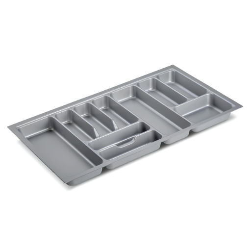 Kitchen pull-out drawer with chrome basket holding black bottles, white cabinetry, and gray floor