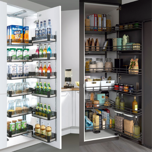 Kitchen pull-out drawer with chrome basket holding black bottles, white cabinetry, and gray floor
